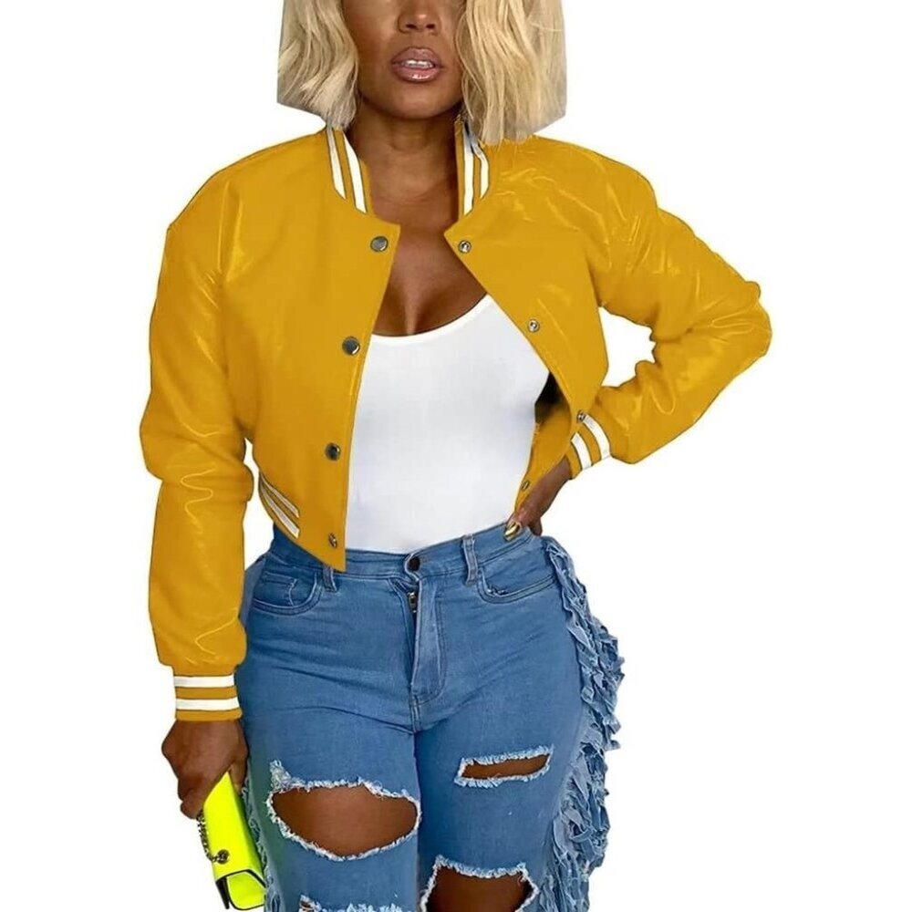 Women Yellow Varsity Long Sleeve Button Down Bomber Casual Baseball Jacket
